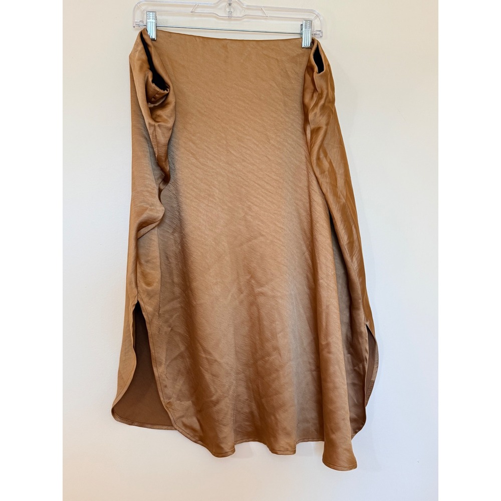Lane Bryant Womens Plus Size 28 Copper Brown Satin Midi Skirt Elastic Waist Slit